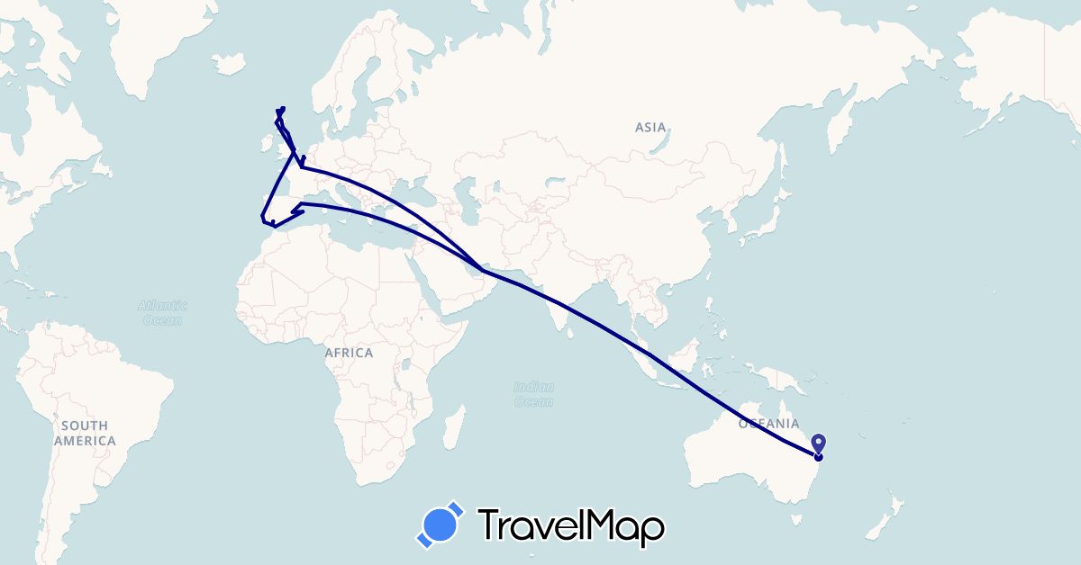 TravelMap itinerary: driving in United Arab Emirates, Australia, Belgium, Spain, France, United Kingdom, Gibraltar, Portugal, Singapore (Asia, Europe, Oceania)